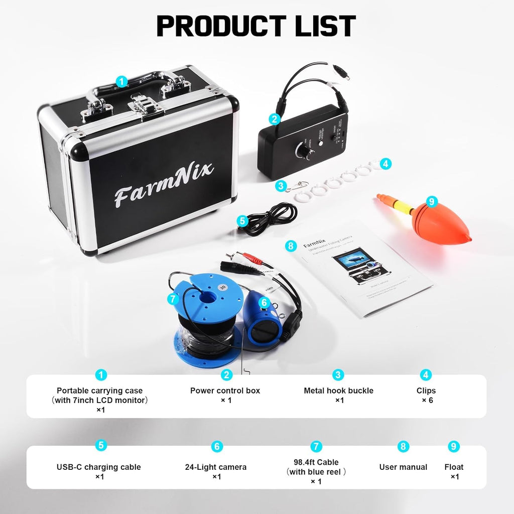 1200TVL HD Underwater Ice Fishing Camera with 7inch Monitor,100ft/30M Cable,10000mAh Fish Finder with 24pcs LED Lights,12pcs Infrared Night Vison,12pcs White Lights,Aluminium Case for Lake,Fish Boat