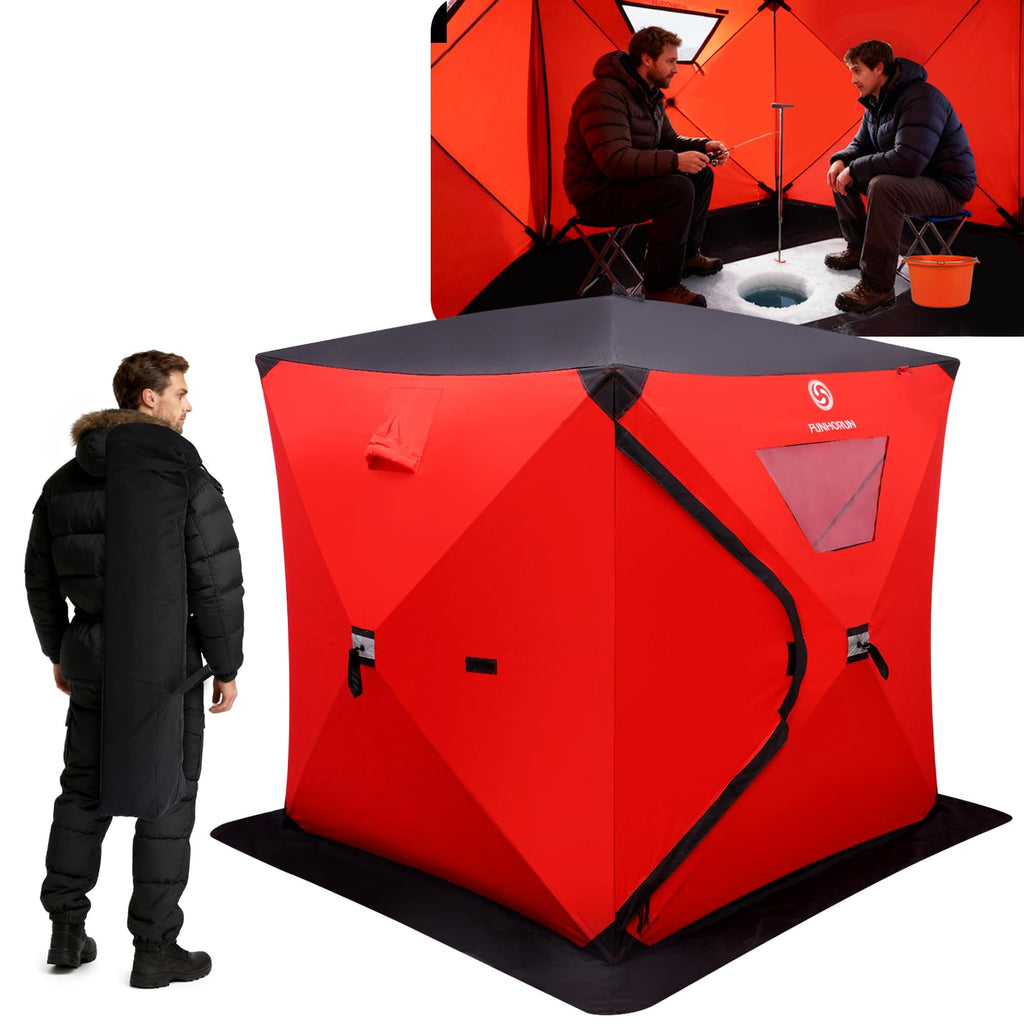FUNHORUN Ice Fishing Shelter with Removable Floor Mat, 1-2 Person Pop Up 300D Ice Fishing Tent, 58 Inch Portable Hub-Style Shanty with Anchors, Ropes and Carrying Bag, Non-Insulated