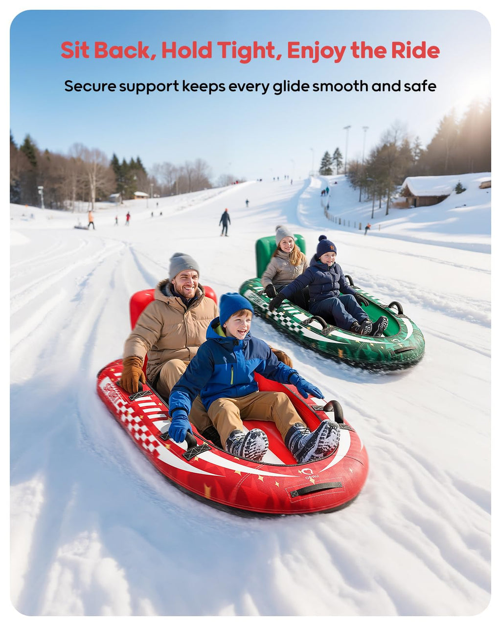 QPAU 2-Person Inflatable Snow Sled with Premium Canvas Cover, Heavy Duty Sled with Backrest & Reinforced Handles, Snow Tubes for Kids & Adults, Winter Inflatable Toys (Red)