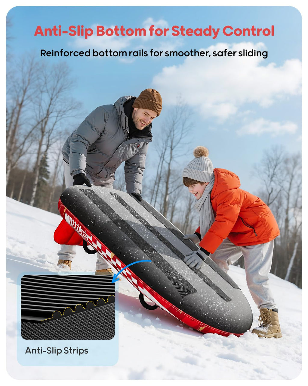 QPAU 2-Person Inflatable Snow Sled with Premium Canvas Cover, Heavy Duty Sled with Backrest & Reinforced Handles, Snow Tubes for Kids & Adults, Winter Inflatable Toys (Red)