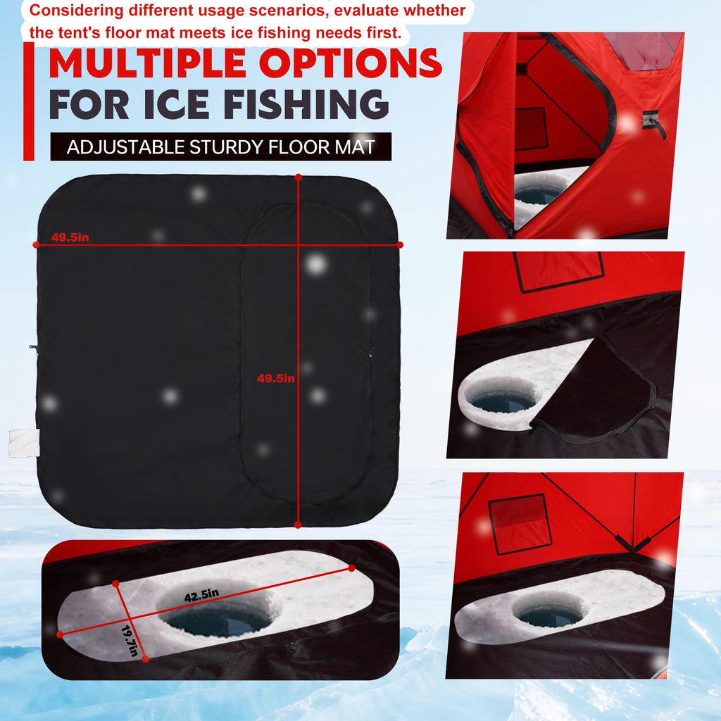 FUNHORUN Ice Fishing Shelter with Removable Floor Mat, 1-2 Person Pop Up 300D Ice Fishing Tent, 58 Inch Portable Hub-Style Shanty with Anchors, Ropes and Carrying Bag, Non-Insulated