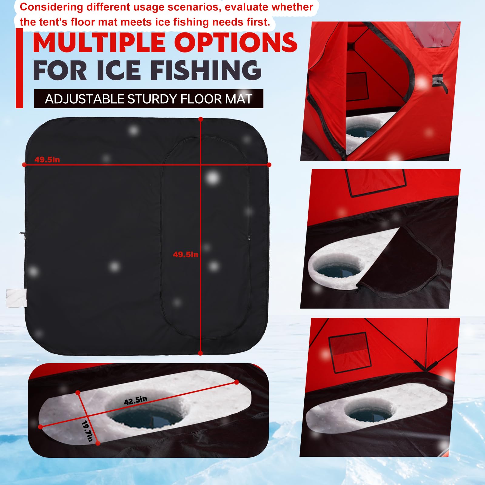 FUNHORUN Ice Fishing Shelter with Removable Floor Mat, 1-2 Person Pop Up 300D Ice Fishing Tent, 58 Inch Portable Hub-Style Shanty with Anchors, Ropes and Carrying Bag, Non-Insulated