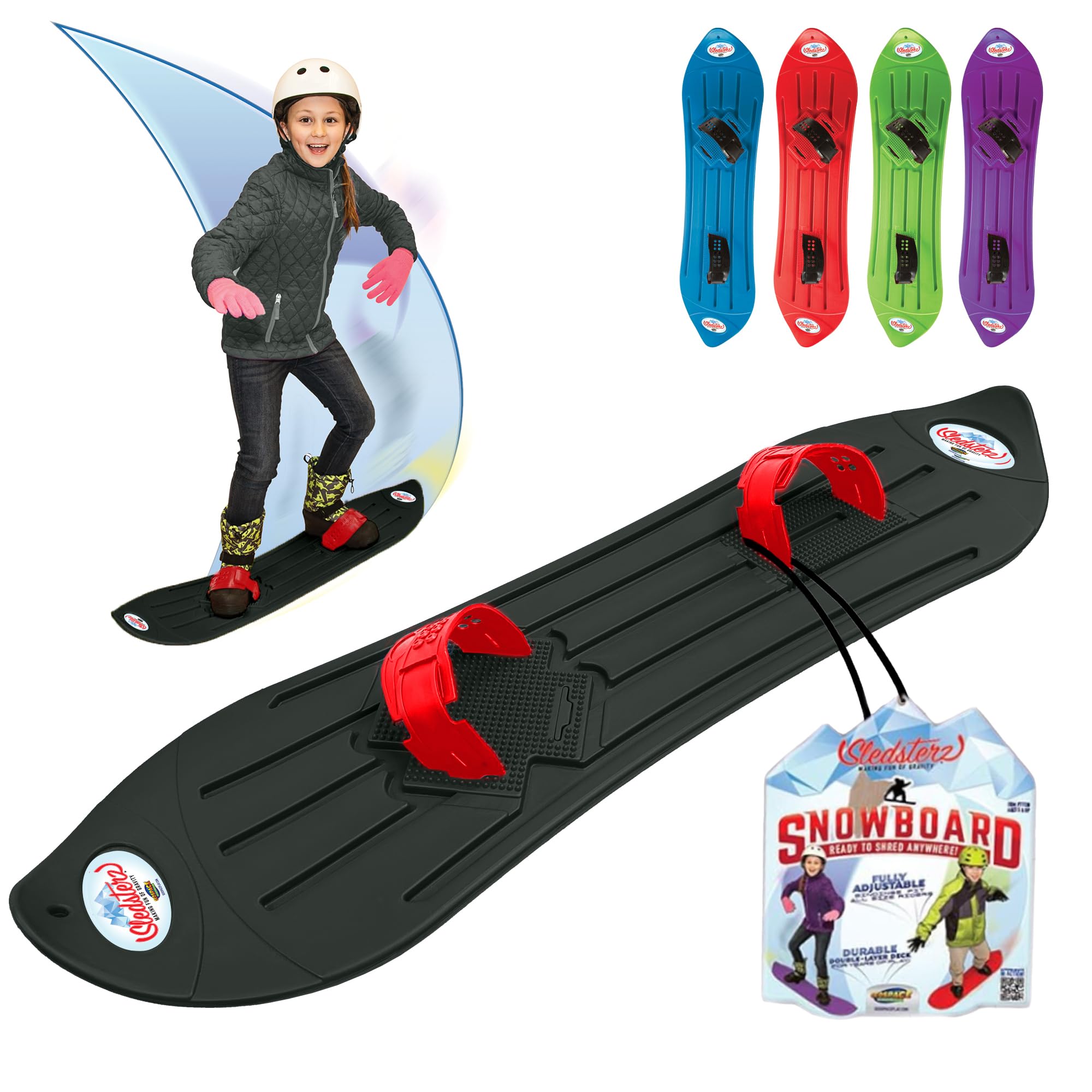 The Original Geospace Sledsterz Kids Beginner Snowboard for Winter Fun on Snow, with Adjustable Step-in Bindings; for Kids Between 4 to 12 Years Old (Black/Red Bindings)