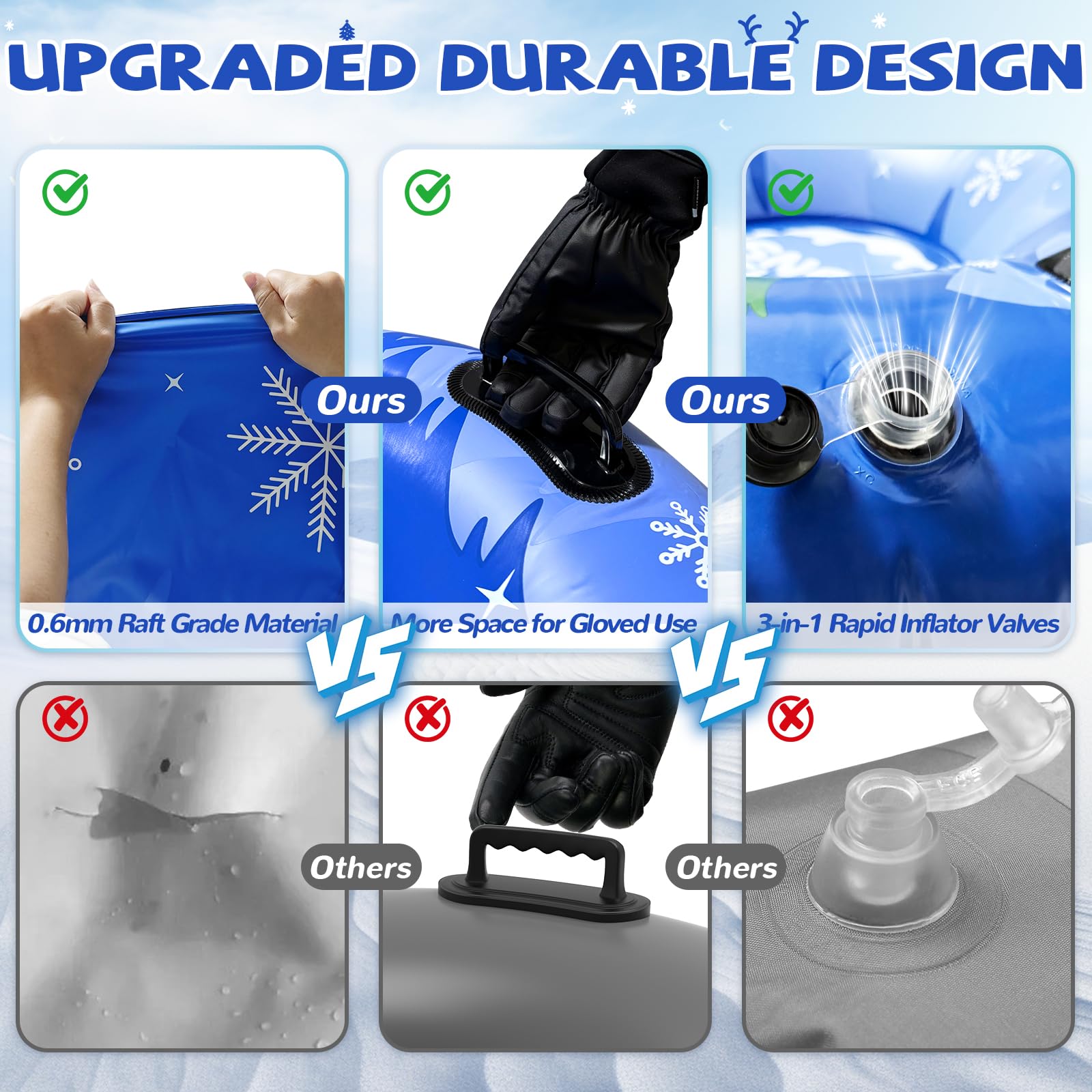 Menmek Snow Tube, 36‘’ 3Packs/4Packs Snowman Snow Tubes for Kids & Adults, Durable Cold-Resistant Inflatable Snow Sled, Sledding Heavy-Duty Hard Bottom & Handles, Perfect Family Snow Toys Xmas Gifts