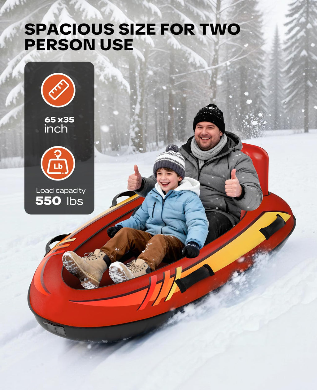 2 Person Inflatable Snow Sled with Premium Canvas Cover, Snow Tubes for Sledding Heavy Duty with Backrest and Handles for Kids and Adults, Winter Outdoor Toys Gifts for Boys Girls Family
