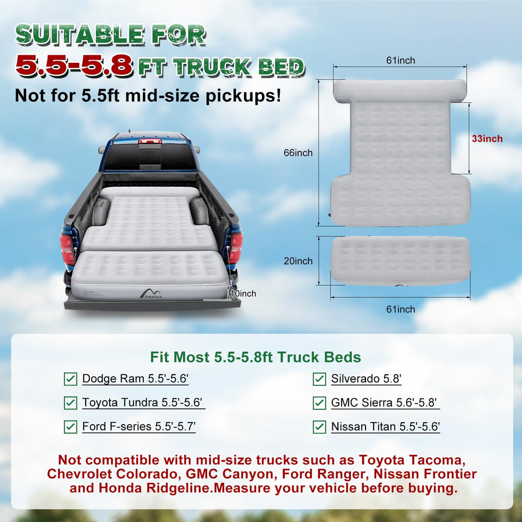 Sokeface Tailgate Extendable Truck Bed Mattress with Built-in Pump, Heavy-Duty, Truck Bed Air Mattress for 5.5-5.8ft Full Size, Easy Setup, Large Carry Bag, Leak-Resistant Mattress for Camping
