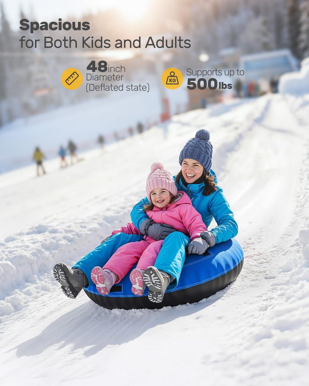 QPAU Snow Tube with Premium Canvas Cover for Kids and Adults, 48'' Inflatable Heavy Duty Snow Tube Made by Thickened Bottom, Sled Winter Outdoor Fun Toys for Children Boys Girls (Blue)