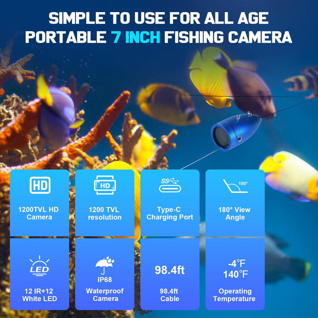 1200TVL HD Underwater Ice Fishing Camera with 7inch Monitor,100ft/30M Cable,10000mAh Fish Finder with 24pcs LED Lights,12pcs Infrared Night Vison,12pcs White Lights,Aluminium Case for Lake,Fish Boat
