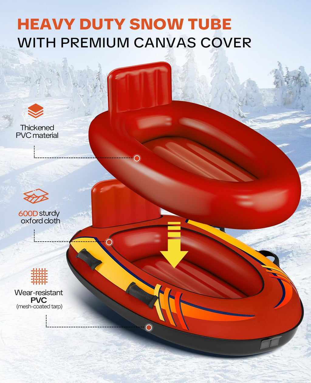 2 Person Inflatable Snow Sled with Premium Canvas Cover, Snow Tubes for Sledding Heavy Duty with Backrest and Handles for Kids and Adults, Winter Outdoor Toys Gifts for Boys Girls Family