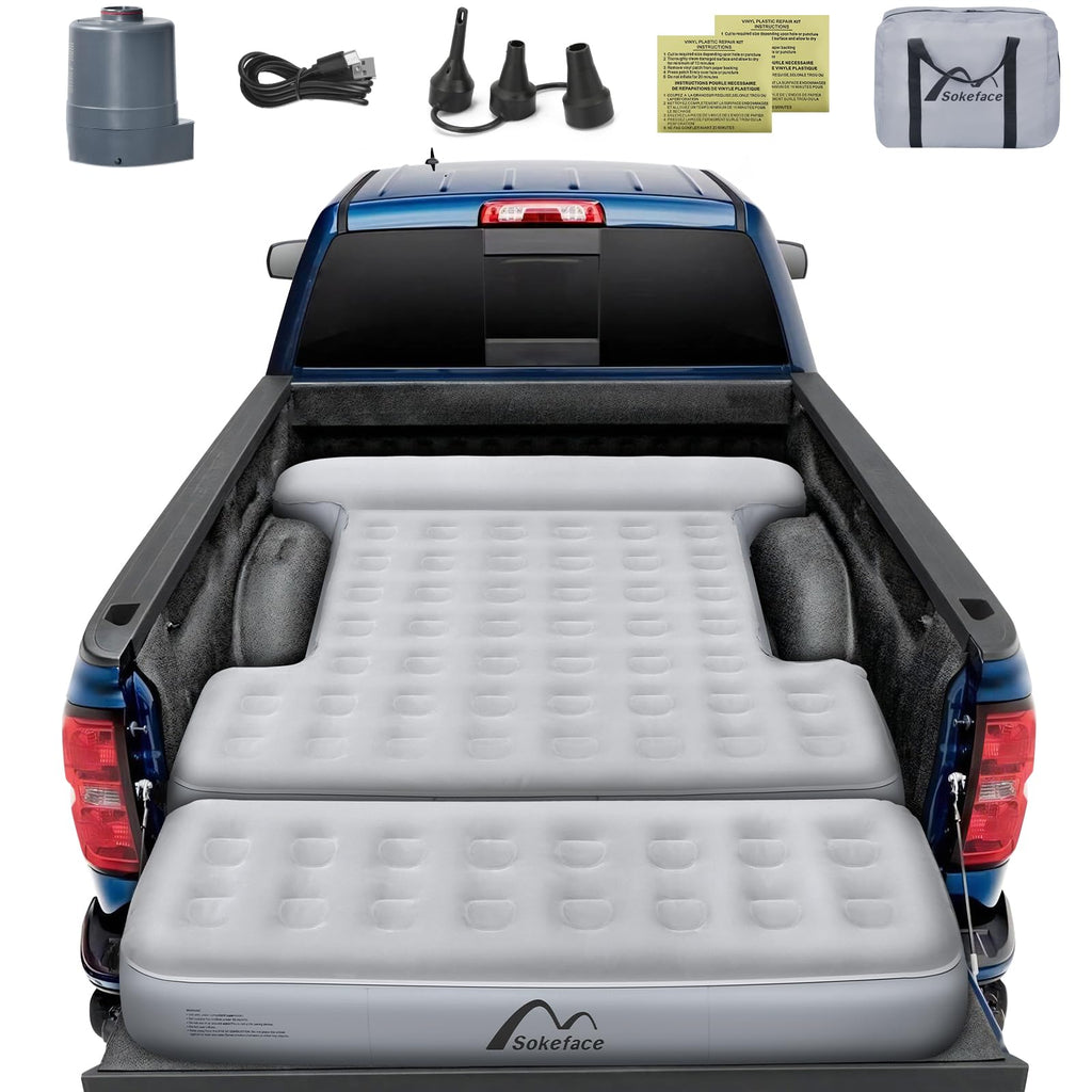 Sokeface Tailgate Extendable Truck Bed Mattress with Built-in Pump, Heavy-Duty, Truck Bed Air Mattress for 5.5-5.8ft Full Size, Easy Setup, Large Carry Bag, Leak-Resistant Mattress for Camping