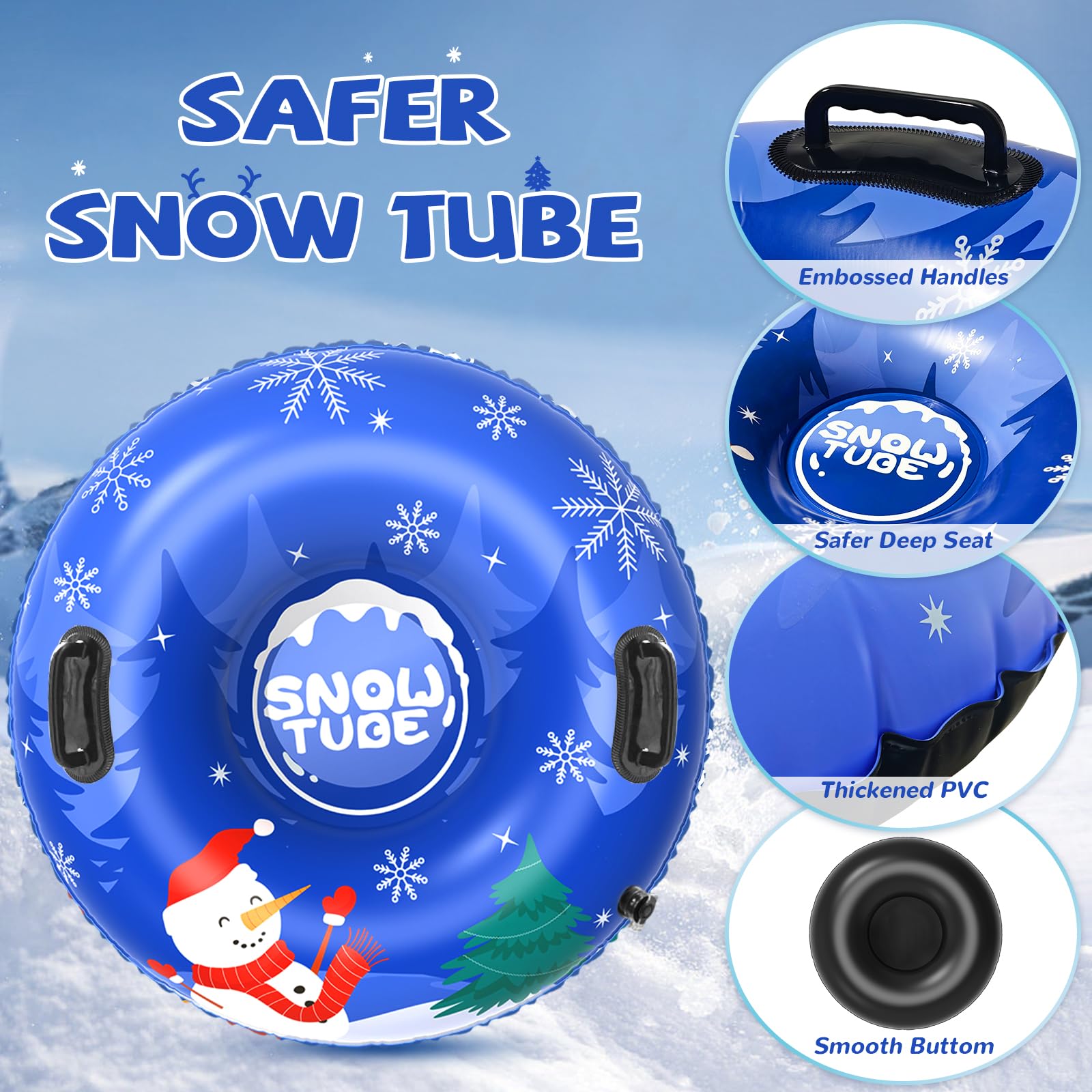 Menmek Snow Tube, 36‘’ 3Packs/4Packs Snowman Snow Tubes for Kids & Adults, Durable Cold-Resistant Inflatable Snow Sled, Sledding Heavy-Duty Hard Bottom & Handles, Perfect Family Snow Toys Xmas Gifts