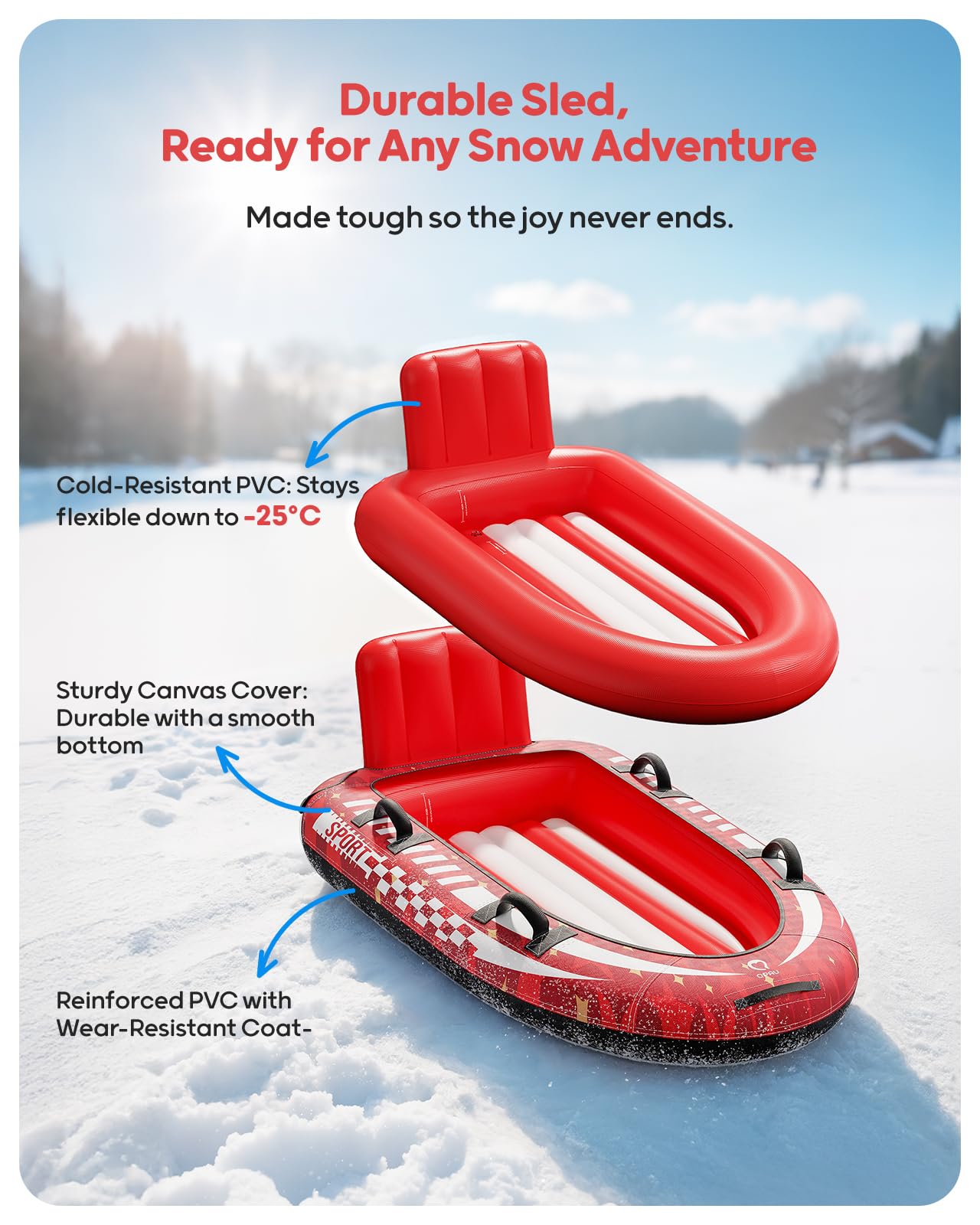 QPAU 2-Person Inflatable Snow Sled with Premium Canvas Cover, Heavy Duty Sled with Backrest & Reinforced Handles, Snow Tubes for Kids & Adults, Winter Inflatable Toys (Red)