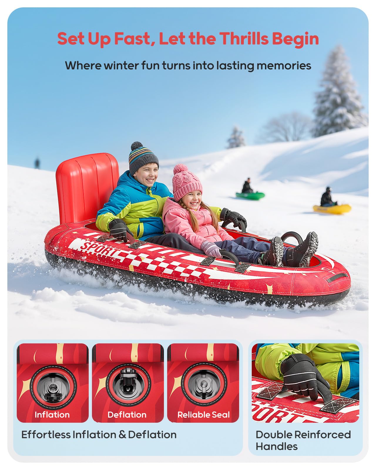 QPAU 2-Person Inflatable Snow Sled with Premium Canvas Cover, Heavy Duty Sled with Backrest & Reinforced Handles, Snow Tubes for Kids & Adults, Winter Inflatable Toys (Red)