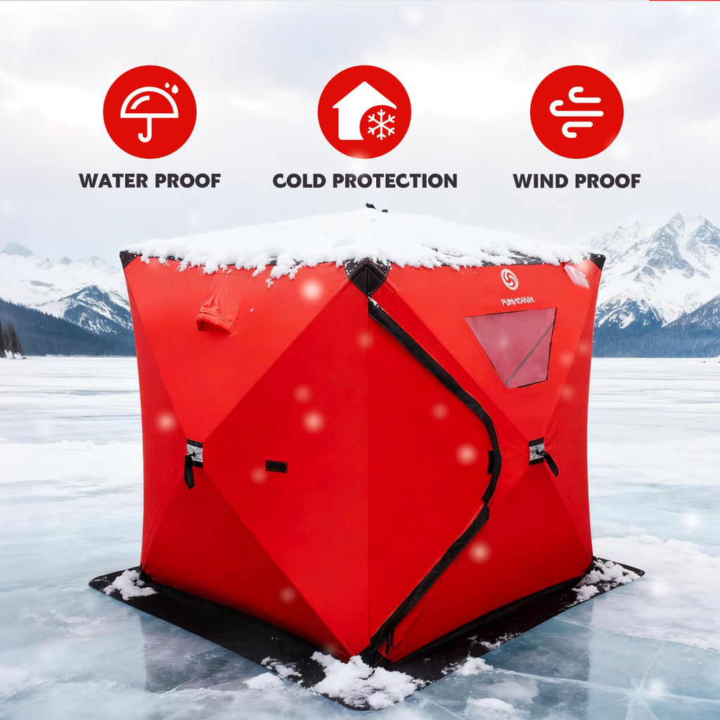 FUNHORUN Ice Fishing Shelter with Removable Floor Mat, 1-2 Person Pop Up 300D Ice Fishing Tent, 58 Inch Portable Hub-Style Shanty with Anchors, Ropes and Carrying Bag, Non-Insulated