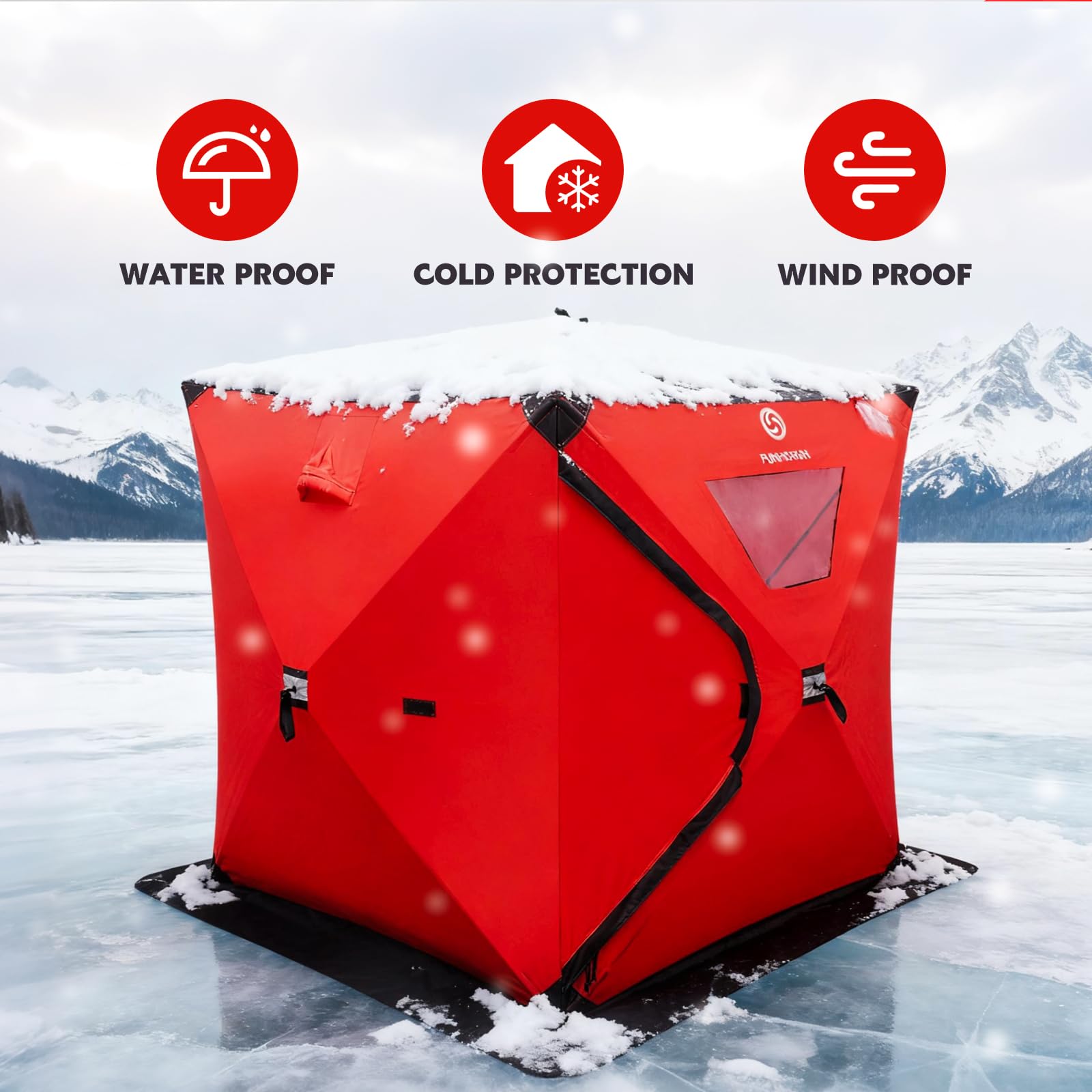 FUNHORUN Ice Fishing Shelter with Removable Floor Mat, 1-2 Person Pop Up 300D Ice Fishing Tent, 58 Inch Portable Hub-Style Shanty with Anchors, Ropes and Carrying Bag, Non-Insulated