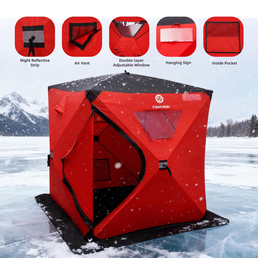 FUNHORUN Ice Fishing Shelter with Removable Floor Mat, 1-2 Person Pop Up 300D Ice Fishing Tent, 58 Inch Portable Hub-Style Shanty with Anchors, Ropes and Carrying Bag, Non-Insulated