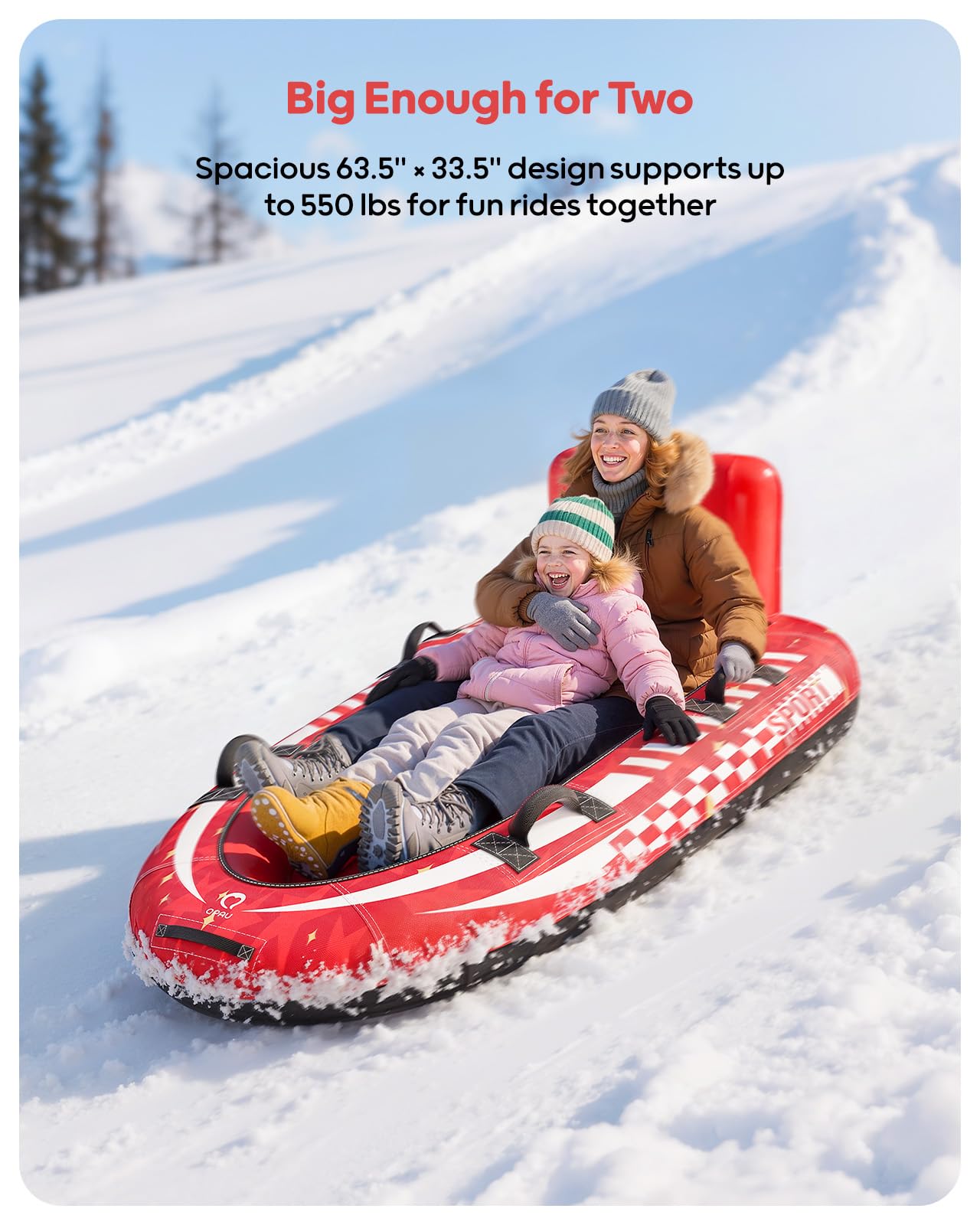 QPAU 2-Person Inflatable Snow Sled with Premium Canvas Cover, Heavy Duty Sled with Backrest & Reinforced Handles, Snow Tubes for Kids & Adults, Winter Inflatable Toys (Red)