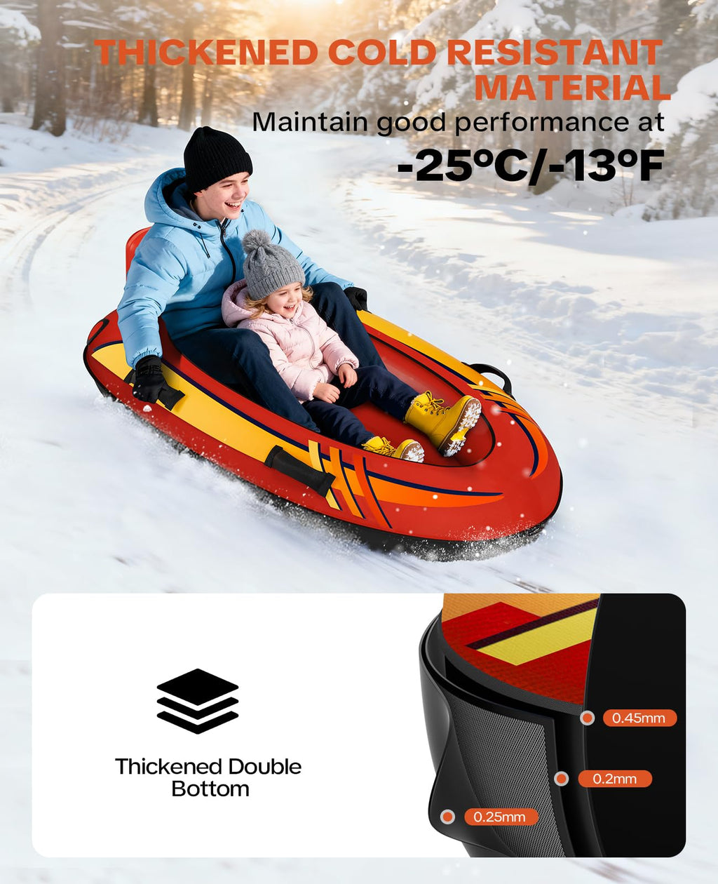 2 Person Inflatable Snow Sled with Premium Canvas Cover, Snow Tubes for Sledding Heavy Duty with Backrest and Handles for Kids and Adults, Winter Outdoor Toys Gifts for Boys Girls Family