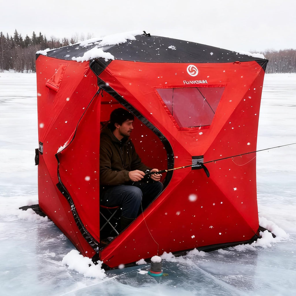 FUNHORUN Ice Fishing Shelter with Removable Floor Mat, 1-2 Person Pop Up 300D Ice Fishing Tent, 58 Inch Portable Hub-Style Shanty with Anchors, Ropes and Carrying Bag, Non-Insulated