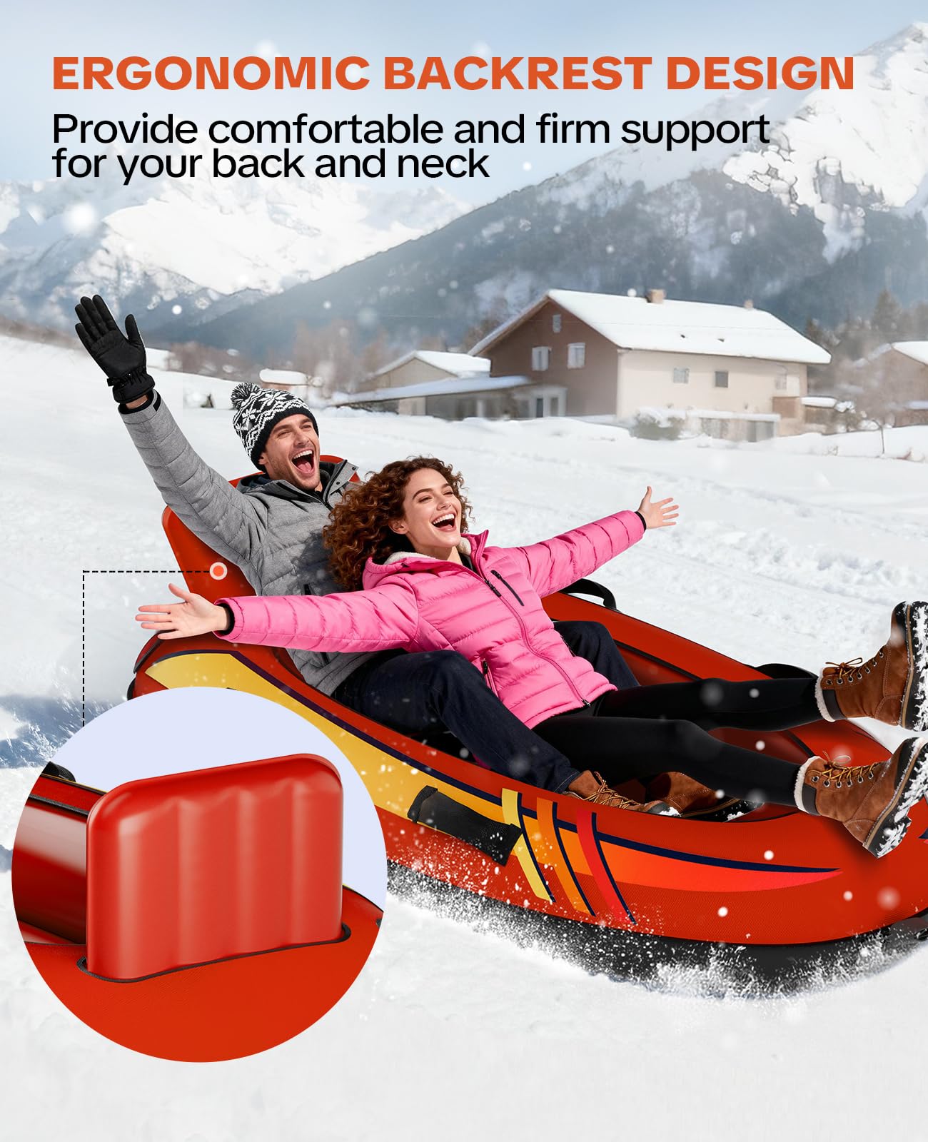 2 Person Inflatable Snow Sled with Premium Canvas Cover, Snow Tubes for Sledding Heavy Duty with Backrest and Handles for Kids and Adults, Winter Outdoor Toys Gifts for Boys Girls Family