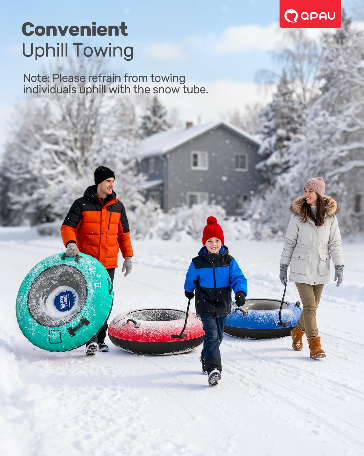 QPAU Snow Tube with Premium Canvas Cover for Kids and Adults, 48'' Inflatable Heavy Duty Snow Tube Made by Thickened Bottom, Sled Winter Outdoor Fun Toys for Children Boys Girls (Blue)