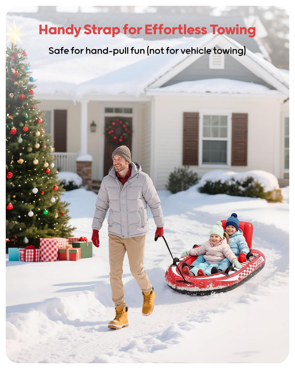 QPAU 2-Person Inflatable Snow Sled with Premium Canvas Cover, Heavy Duty Sled with Backrest & Reinforced Handles, Snow Tubes for Kids & Adults, Winter Inflatable Toys (Red)