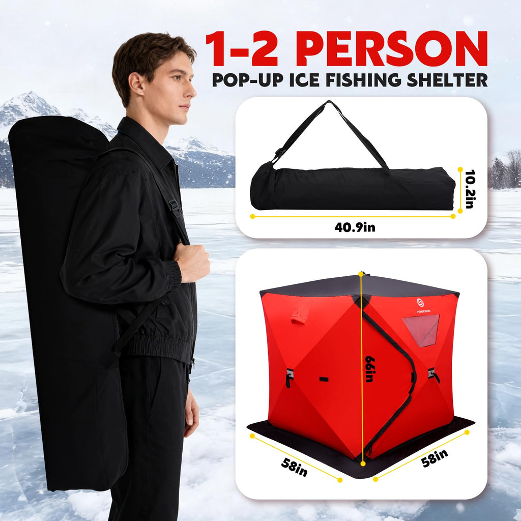 FUNHORUN Ice Fishing Shelter with Removable Floor Mat, 1-2 Person Pop Up 300D Ice Fishing Tent, 58 Inch Portable Hub-Style Shanty with Anchors, Ropes and Carrying Bag, Non-Insulated