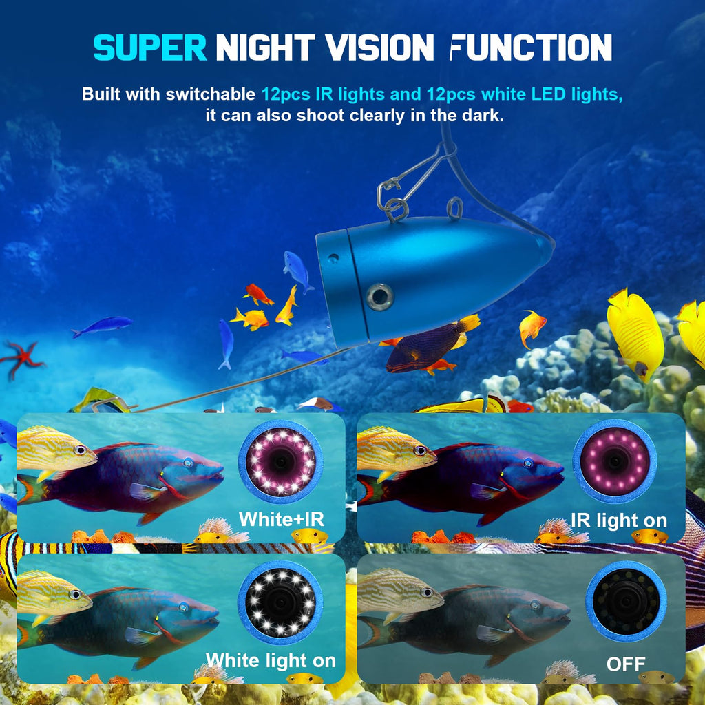 1200TVL HD Underwater Ice Fishing Camera with 7inch Monitor,100ft/30M Cable,10000mAh Fish Finder with 24pcs LED Lights,12pcs Infrared Night Vison,12pcs White Lights,Aluminium Case for Lake,Fish Boat