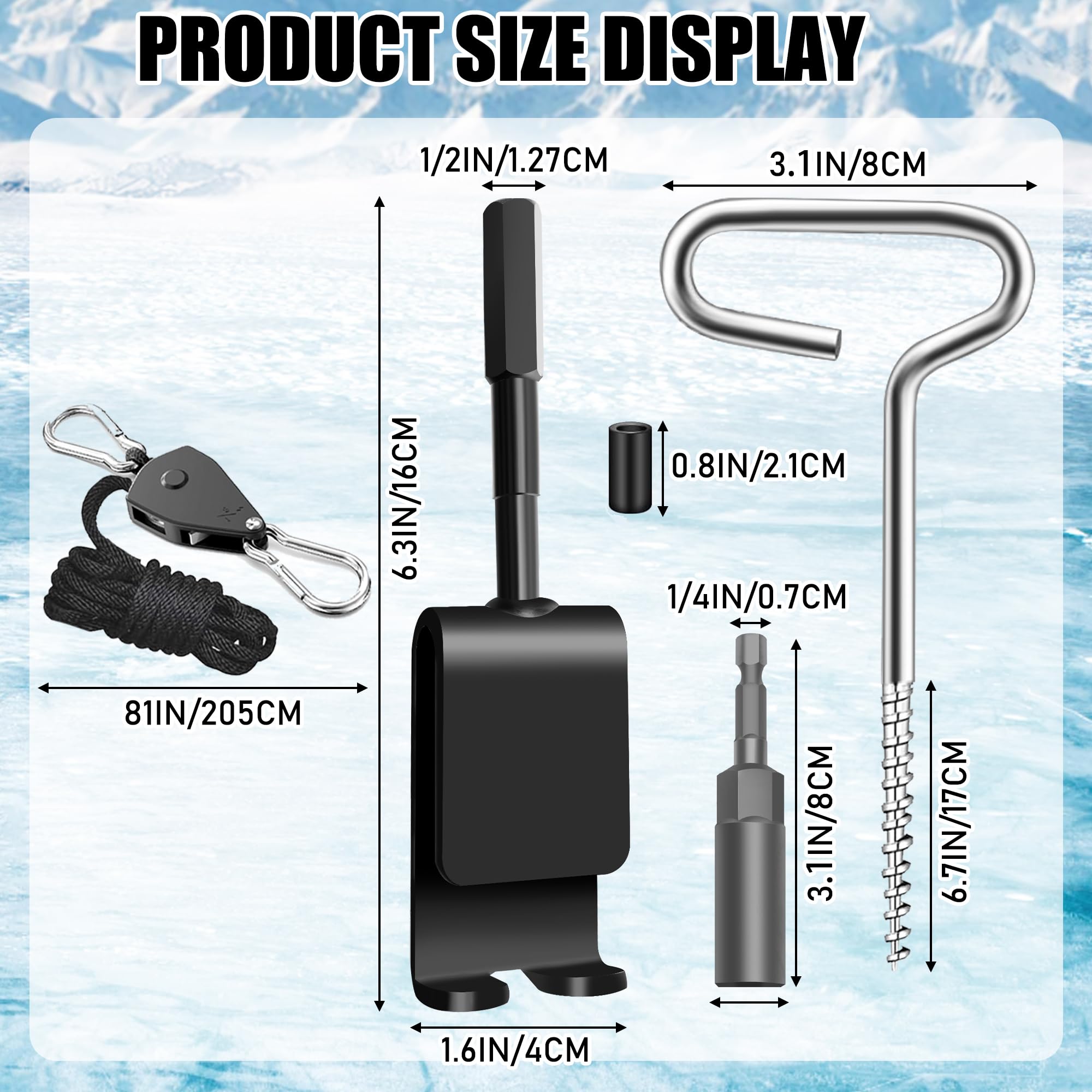 14 Pcs Ice Anchor Tool Kit, Universal Ice Fishing Anchor Tool with Ice Anchor Drill Adapter, 6Pcs Ice Fishing Tent Stakes,6Pcs Rope Hanger, 1/4" Adapter Head for Setting Up Ice Fishing Shelter Tent