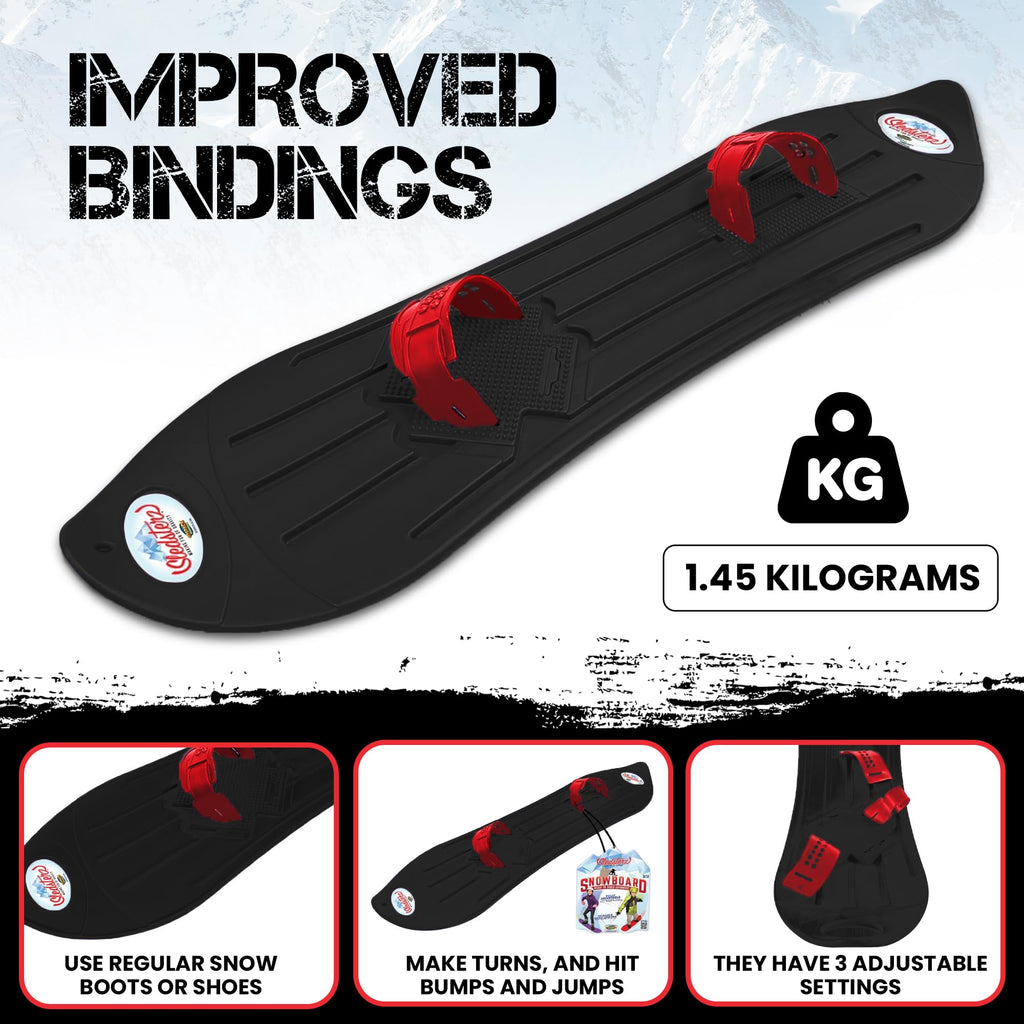 The Original Geospace Sledsterz Kids Beginner Snowboard for Winter Fun on Snow, with Adjustable Step-in Bindings; for Kids Between 4 to 12 Years Old (Black/Red Bindings)