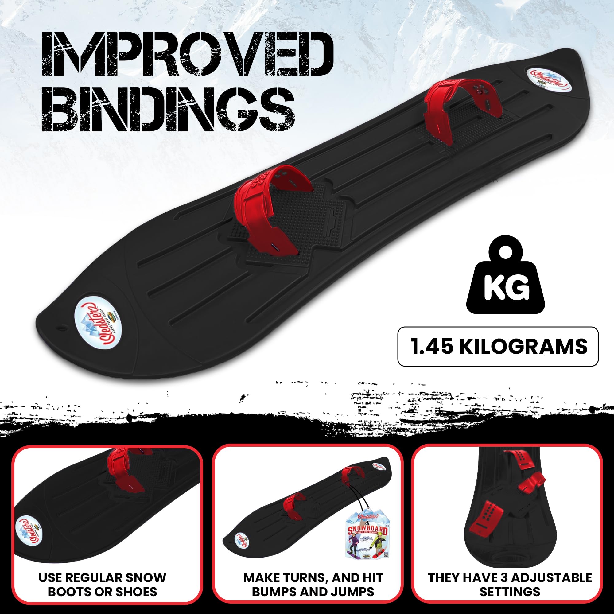 The Original Geospace Sledsterz Kids Beginner Snowboard for Winter Fun on Snow, with Adjustable Step-in Bindings; for Kids Between 4 to 12 Years Old (Black/Red Bindings)