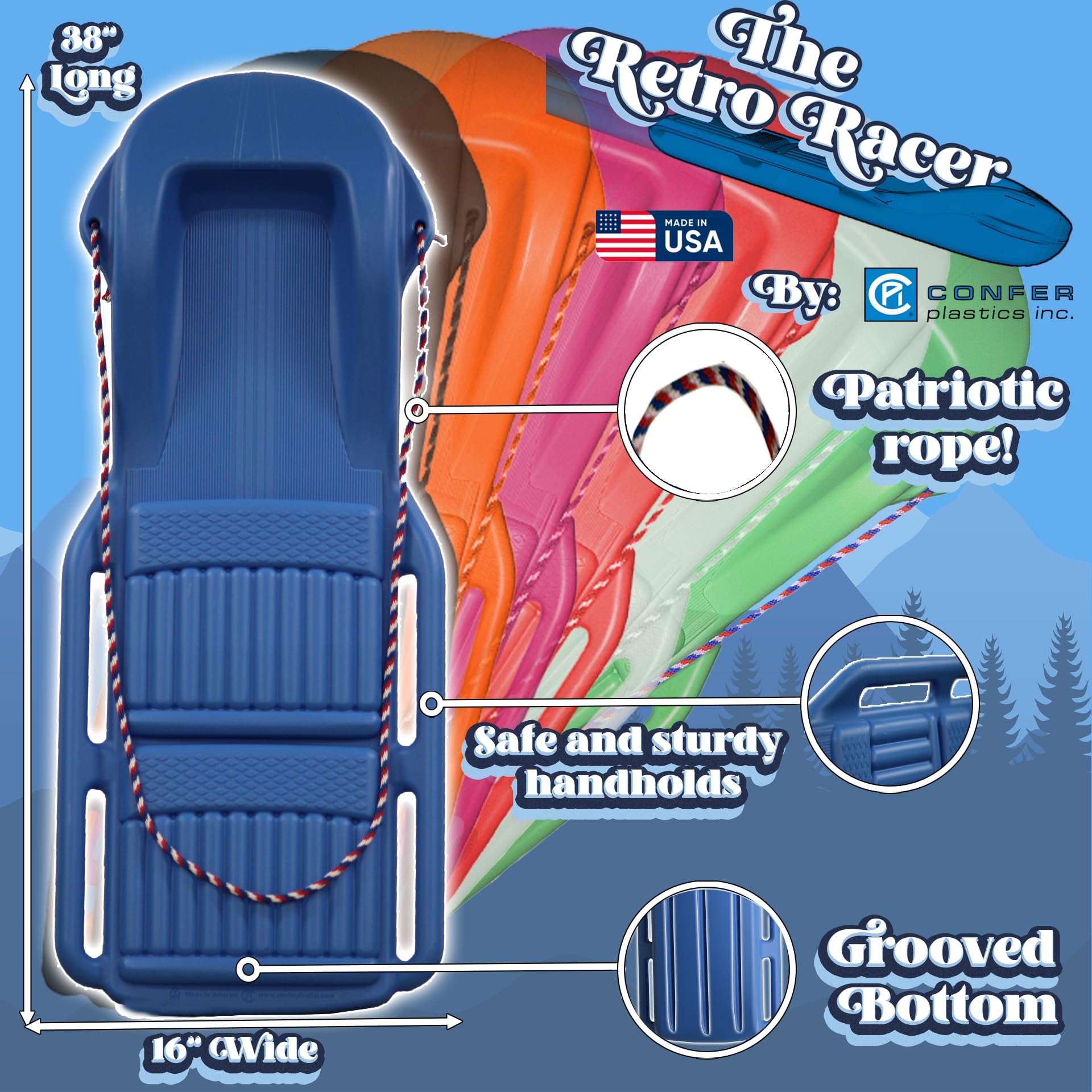 The Original Retro Racer Snow Sled by Confer Plastics, Cool Blue & Polar Pink Color, Durable Design for All Ages, Made in USA, Available in 2 Pack for Double Fun
