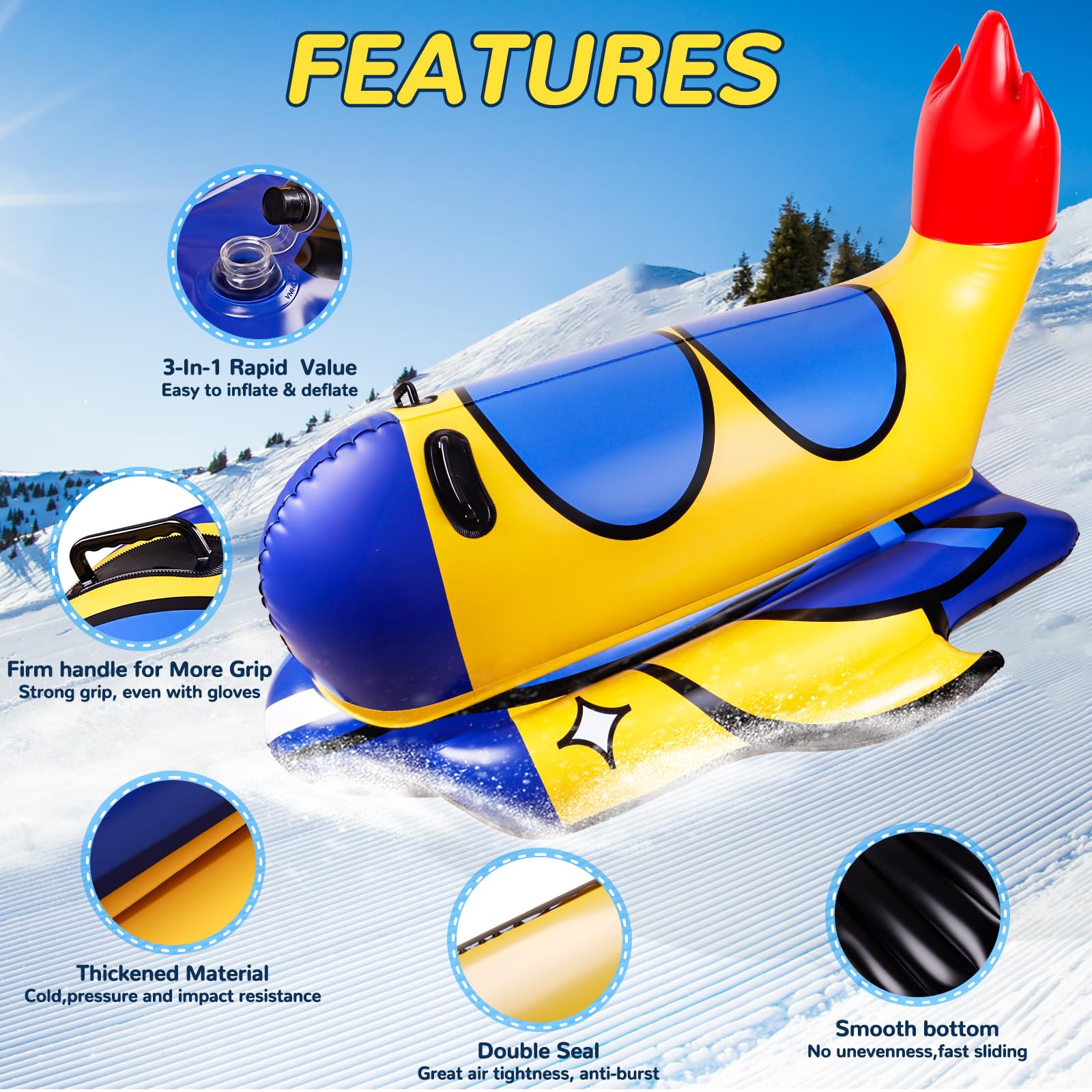 Snow Tube, 64 Inch Super Large Inflatable Spaceship Snow Sled for Kids & Adults, Cold-Resistant and Thickened Heavy Duty Snow Sled with Sturdy Handles,Great Winter Outdoor Fun Toys for Kids and Family