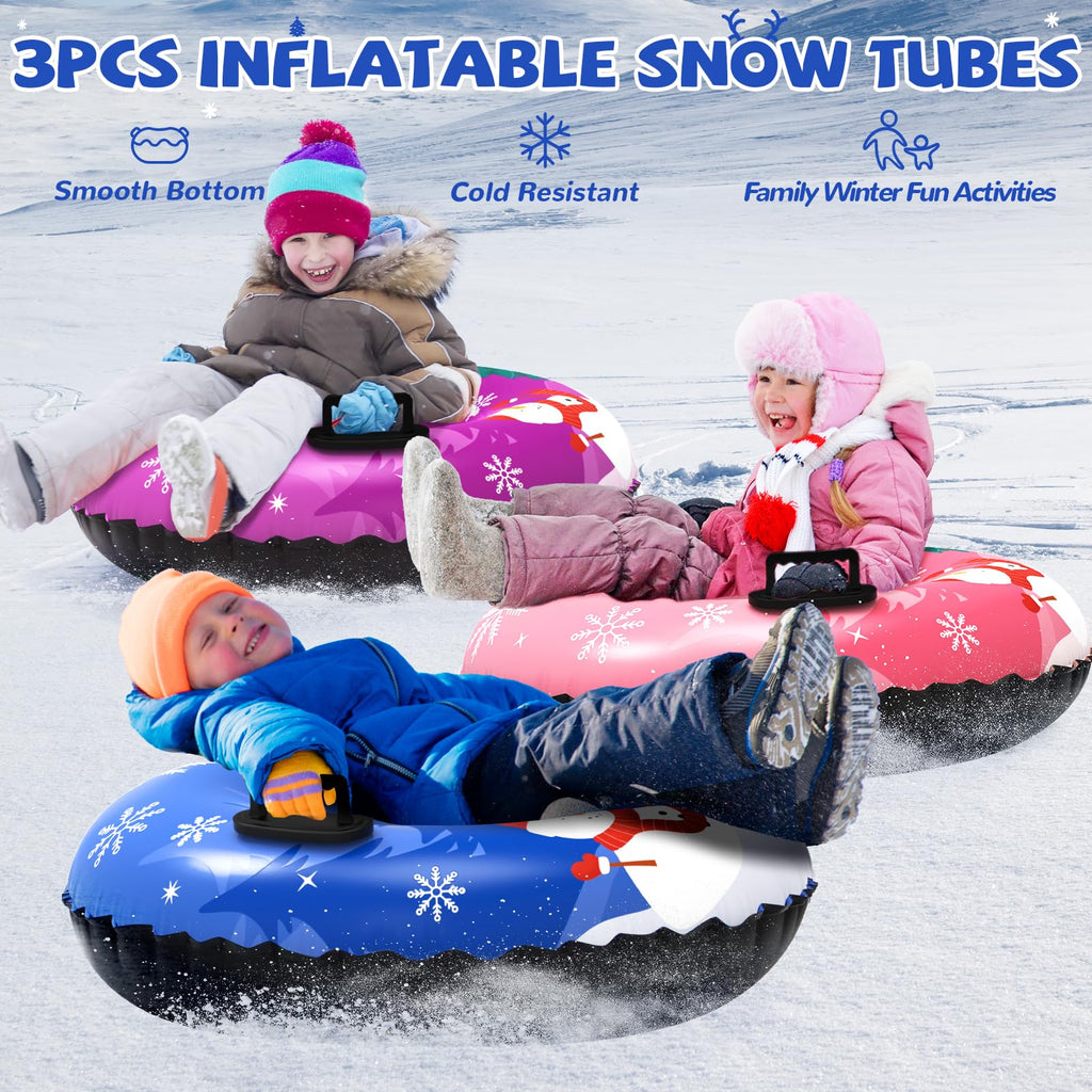 Menmek Snow Tube, 36‘’ 3Packs/4Packs Snowman Snow Tubes for Kids & Adults, Durable Cold-Resistant Inflatable Snow Sled, Sledding Heavy-Duty Hard Bottom & Handles, Perfect Family Snow Toys Xmas Gifts