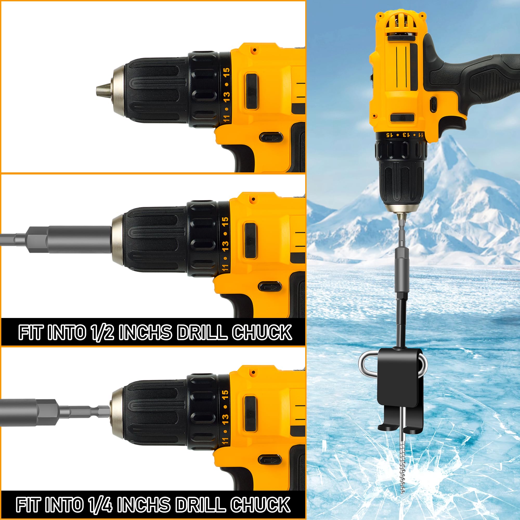 14 Pcs Ice Anchor Tool Kit, Universal Ice Fishing Anchor Tool with Ice Anchor Drill Adapter, 6Pcs Ice Fishing Tent Stakes,6Pcs Rope Hanger, 1/4" Adapter Head for Setting Up Ice Fishing Shelter Tent