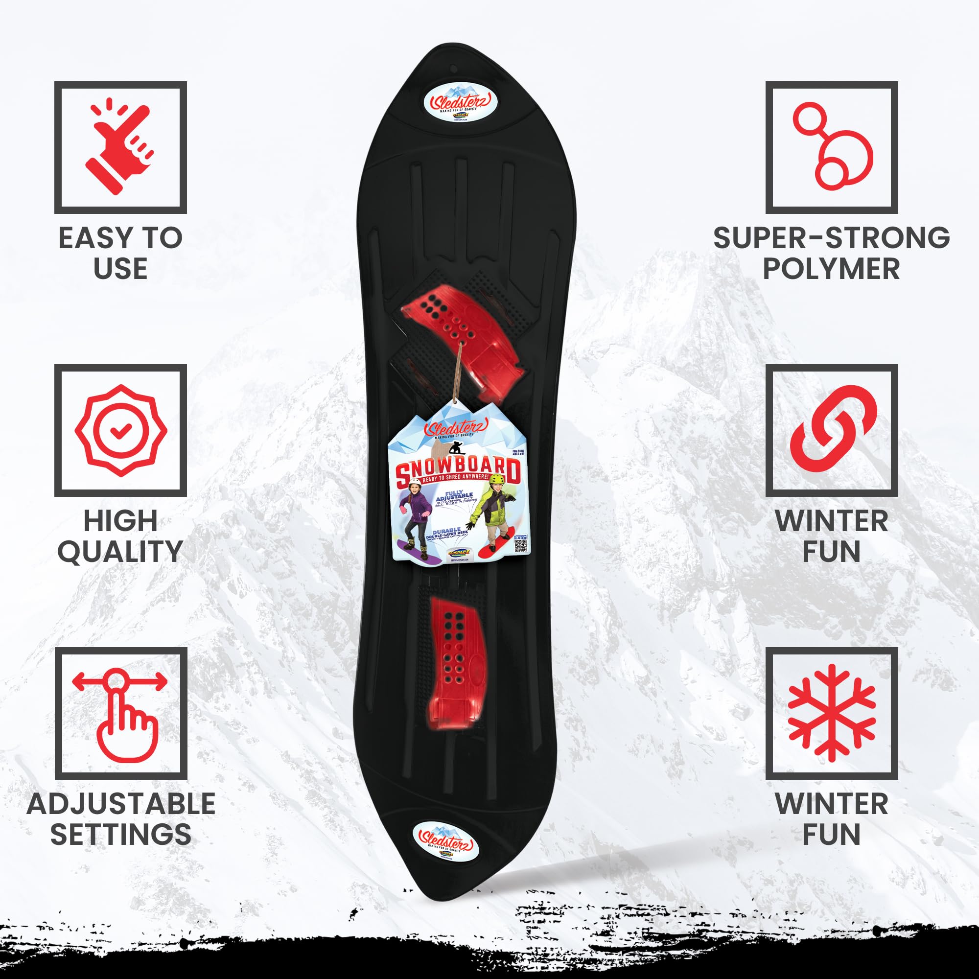 The Original Geospace Sledsterz Kids Beginner Snowboard for Winter Fun on Snow, with Adjustable Step-in Bindings; for Kids Between 4 to 12 Years Old (Black/Red Bindings)