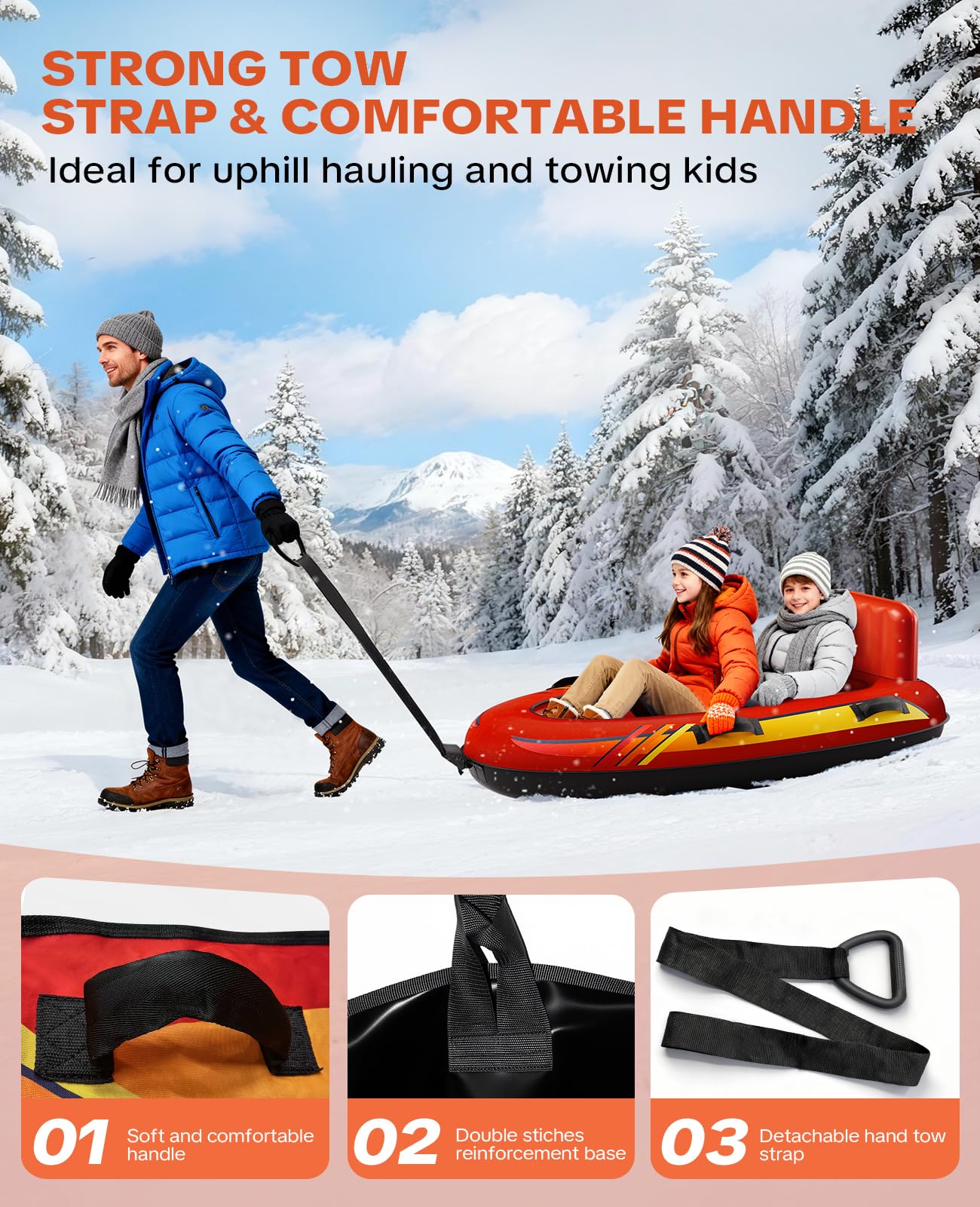 2 Person Inflatable Snow Sled with Premium Canvas Cover, Snow Tubes for Sledding Heavy Duty with Backrest and Handles for Kids and Adults, Winter Outdoor Toys Gifts for Boys Girls Family