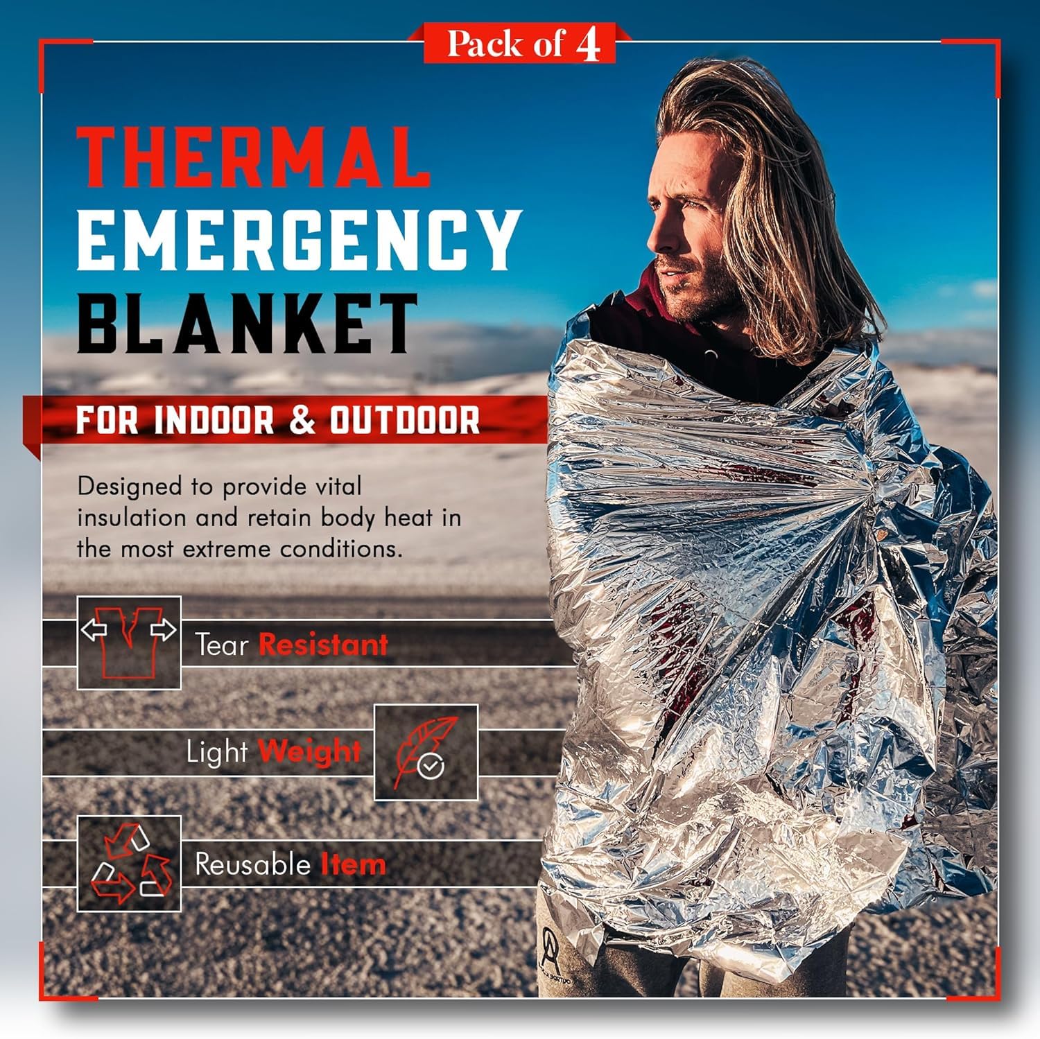 Emergency Blanket 4-Pack Space Mylar Blankets Survival Gear and Supplies Reusable Thermal Camping Hunting Essentials First Aid Car Backpacking Marathon Kit Prepper Go Rave Bug Out Bag Foil Cold Winter