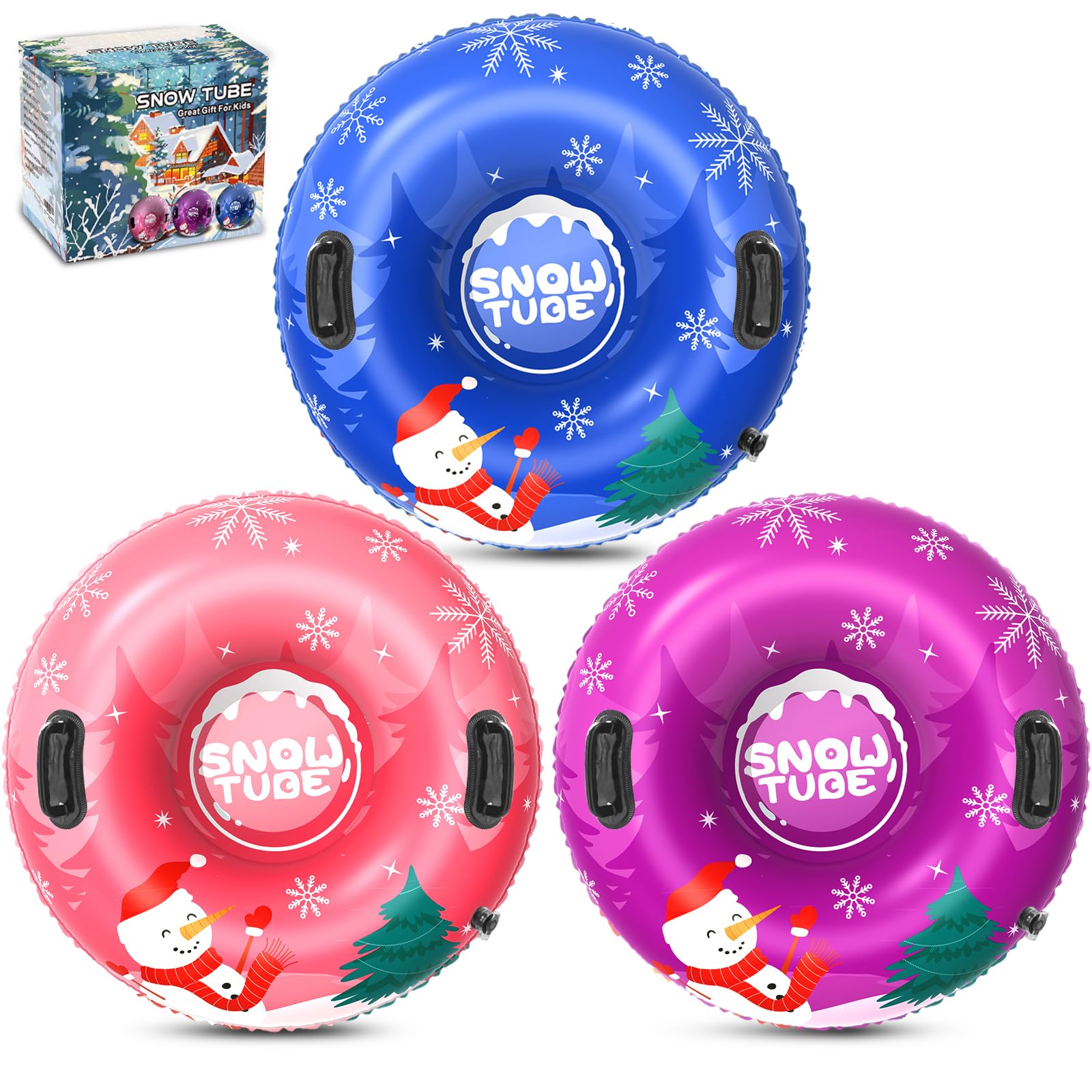 Menmek Snow Tube, 36‘’ 3Packs/4Packs Snowman Snow Tubes for Kids & Adults, Durable Cold-Resistant Inflatable Snow Sled, Sledding Heavy-Duty Hard Bottom & Handles, Perfect Family Snow Toys Xmas Gifts