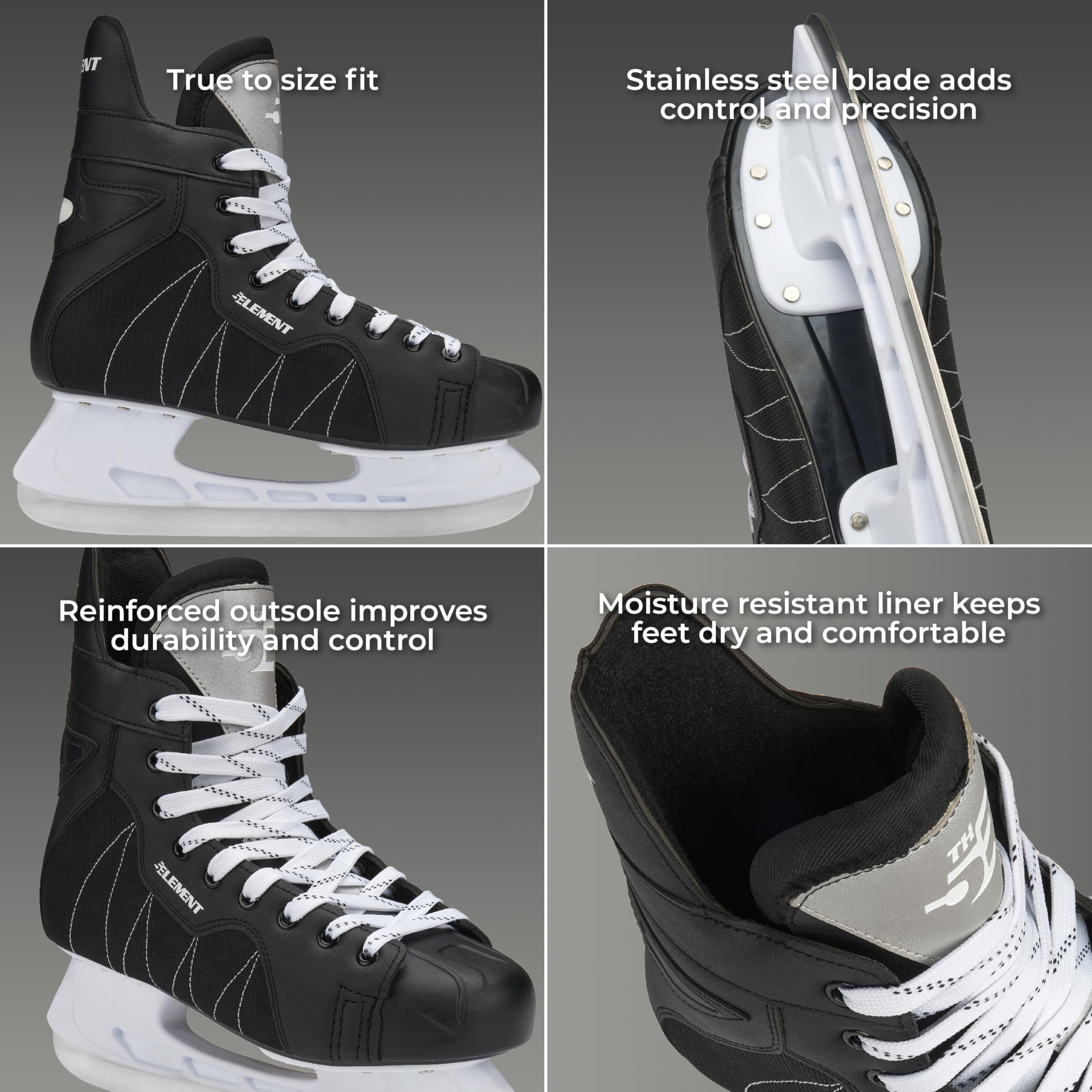 5th Element Stealth Ice Hockey Skates - Perfect for Recreational Ice Skating and Hockey - True-to-Size Fit and Moisture Resistant Liner Ice Skates for Men (Black/White, 7.0)