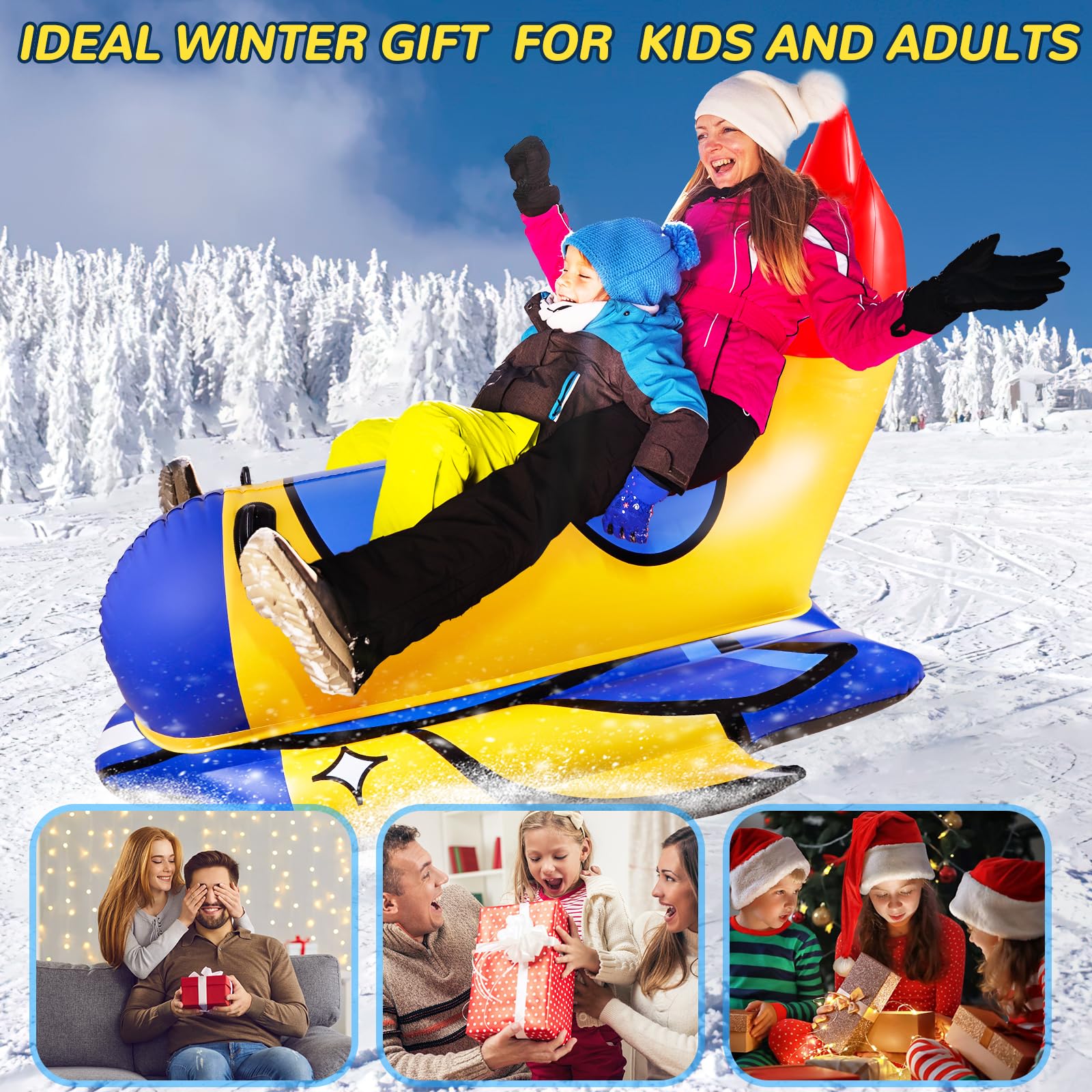 Snow Tube, 64 Inch Super Large Inflatable Spaceship Snow Sled for Kids & Adults, Cold-Resistant and Thickened Heavy Duty Snow Sled with Sturdy Handles,Great Winter Outdoor Fun Toys for Kids and Family