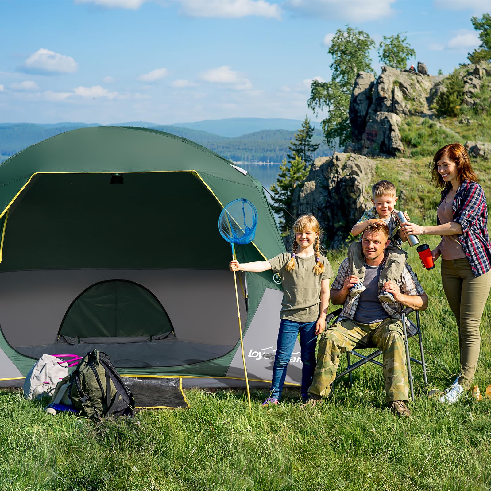 LOYEAHCAMP Tents 4 Person Camping Tent, Easy Setup Waterproof Family Tents for Camping, Portable Dome Tent for Outdoor Camping with Rainfly, Carry Bag DarkGreen