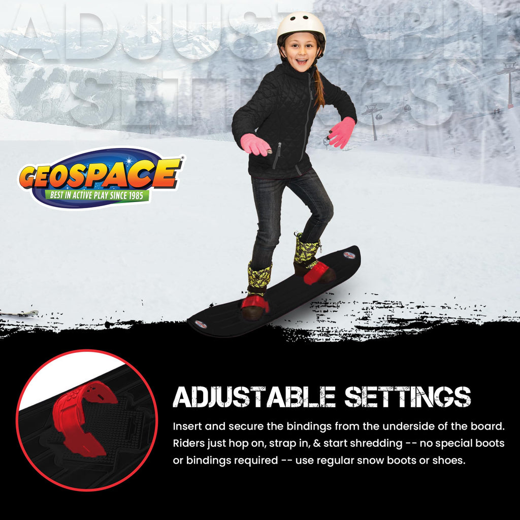 The Original Geospace Sledsterz Kids Beginner Snowboard for Winter Fun on Snow, with Adjustable Step-in Bindings; for Kids Between 4 to 12 Years Old (Black/Red Bindings)