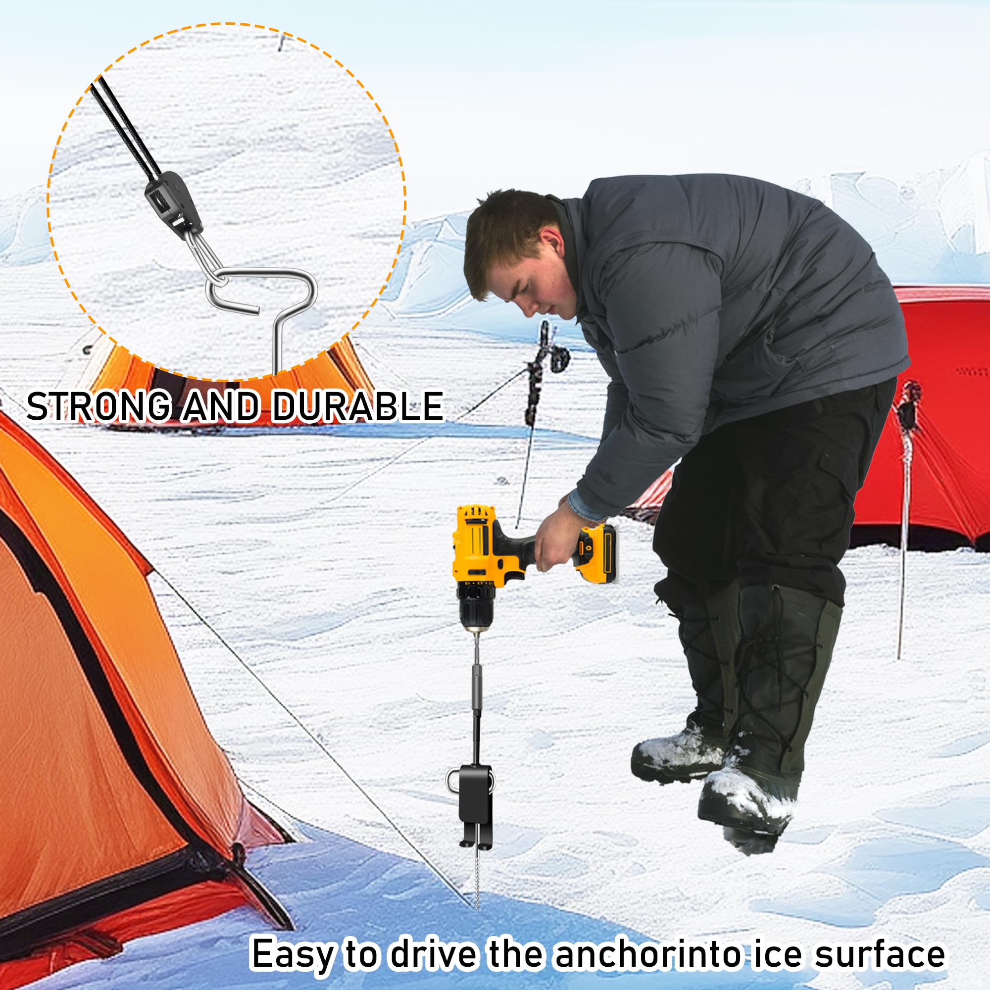 14 Pcs Ice Anchor Tool Kit, Universal Ice Fishing Anchor Tool with Ice Anchor Drill Adapter, 6Pcs Ice Fishing Tent Stakes,6Pcs Rope Hanger, 1/4" Adapter Head for Setting Up Ice Fishing Shelter Tent